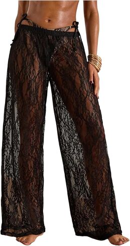 RoseSeek Women's Floral Lace Sheer Mesh Swim Cover Up Pants See Through Wide Leg Pants Swimwear in Kuwait