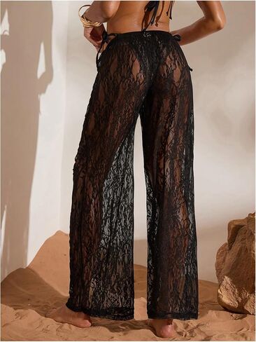 RoseSeek Women's Floral Lace Sheer Mesh Swim Cover Up Pants See Through Wide Leg Pants Swimwear in Kuwait