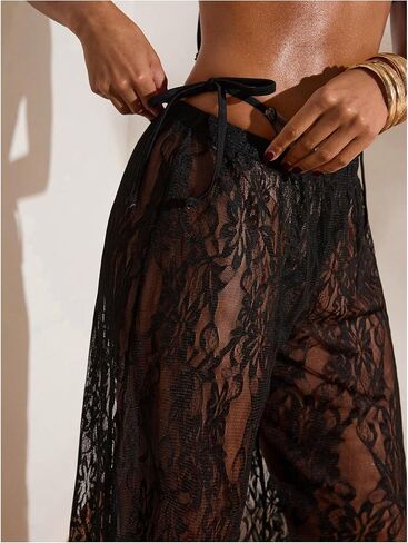 RoseSeek Women's Floral Lace Sheer Mesh Swim Cover Up Pants See Through Wide Leg Pants Swimwear in Kuwait