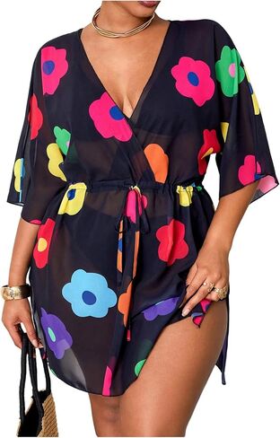 OYOANGLE Women's Plus Size Floral Swimsuit Coverup Drawstring See Through Cover Up Mesh Beach Dress in Kuwait