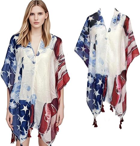 Women's American Flag Kimono Cover up, Summer Beachwear Cover Up, Scarf Cardigan Loose for 4th of July in Saudi Arabia