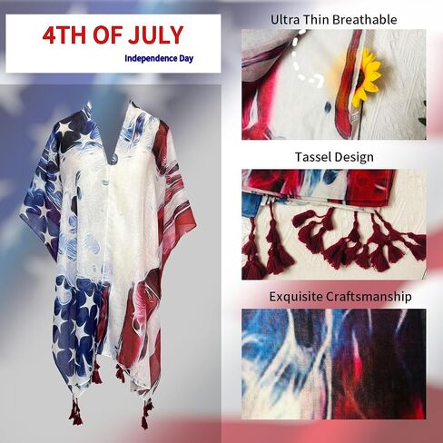 Women's American Flag Kimono Cover up, Summer Beachwear Cover Up, Scarf Cardigan Loose for 4th of July in Saudi Arabia
