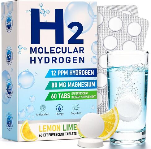 Molecular Hydrogen Water Tablets, 12 PPM H2 Supplement with Magnesium, Lemon Lime Flavour, Fast-Dissolving for Water, Hydration, Energy & Recovery Support, 60 Tablets, On-the-Go Packaging in Saudi Arabia