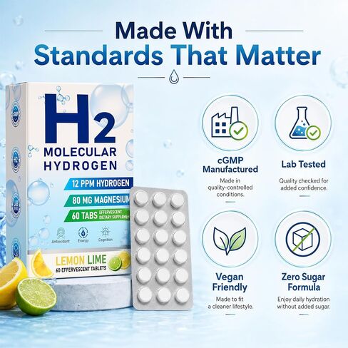 Molecular Hydrogen Water Tablets, 12 PPM H2 Supplement with Magnesium, Lemon Lime Flavour, Fast-Dissolving for Water, Hydration, Energy & Recovery Support, 60 Tablets, On-the-Go Packaging in Saudi Arabia