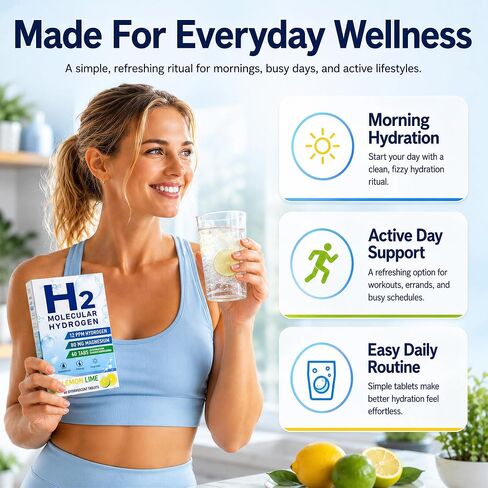 Molecular Hydrogen Water Tablets, 12 PPM H2 Supplement with Magnesium, Lemon Lime Flavour, Fast-Dissolving for Water, Hydration, Energy & Recovery Support, 60 Tablets, On-the-Go Packaging in Saudi Arabia