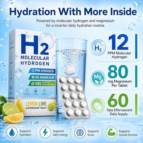 Molecular Hydrogen Water Tablets, 12 PPM H2 Supplement with Magnesium, Lemon Lime Flavour, Fast-Dissolving for Water, Hydration, Energy & Recovery Support, 60 Tablets, On-the-Go Packaging in Saudi Arabia