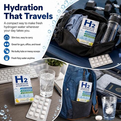 Molecular Hydrogen Water Tablets, 12 PPM H2 Supplement with Magnesium, Lemon Lime Flavour, Fast-Dissolving for Water, Hydration, Energy & Recovery Support, 60 Tablets, On-the-Go Packaging in Saudi Arabia