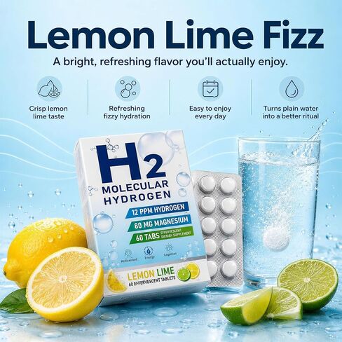 Molecular Hydrogen Water Tablets, 12 PPM H2 Supplement with Magnesium, Lemon Lime Flavour, Fast-Dissolving for Water, Hydration, Energy & Recovery Support, 60 Tablets, On-the-Go Packaging in Saudi Arabia