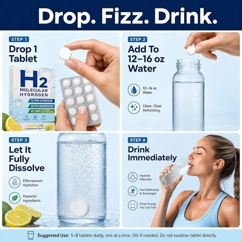 Molecular Hydrogen Water Tablets, 12 PPM H2 Supplement with Magnesium, Lemon Lime Flavour, Fast-Dissolving for Water, Hydration, Energy & Recovery Support, 60 Tablets, On-the-Go Packaging in Saudi Arabia