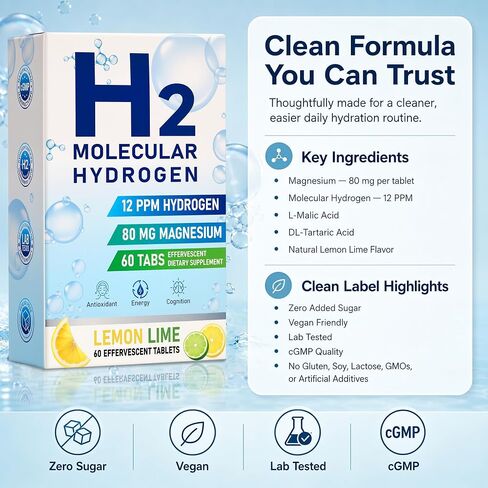 Molecular Hydrogen Water Tablets, 12 PPM H2 Supplement with Magnesium, Lemon Lime Flavour, Fast-Dissolving for Water, Hydration, Energy & Recovery Support, 60 Tablets, On-the-Go Packaging in Saudi Arabia