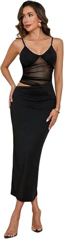 Women's Sheer Mesh Cut Out Maxi Dresses V Neck Sleeveless Patchwork Cami Summer Bodycon Dress in Saudi Arabia