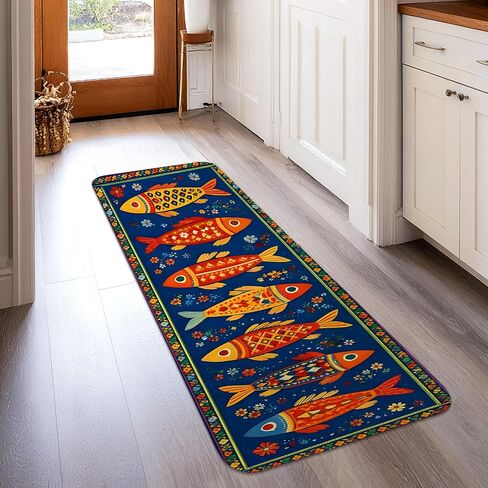 Fish Runner Rug, Colorful Artistic Flowers Patterns Summer Blue Low Pile Sponge Edge Binding Home Rectangle Carpet for Kitchen Laundry Room Doorway Entryway Decor 2x8 Ft in Saudi Arabia