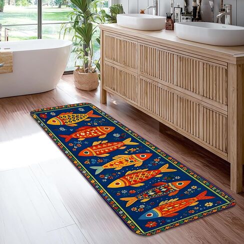 Fish Runner Rug, Colorful Artistic Flowers Patterns Summer Blue Low Pile Sponge Edge Binding Home Rectangle Carpet for Kitchen Laundry Room Doorway Entryway Decor 2x8 Ft in Kuwait
