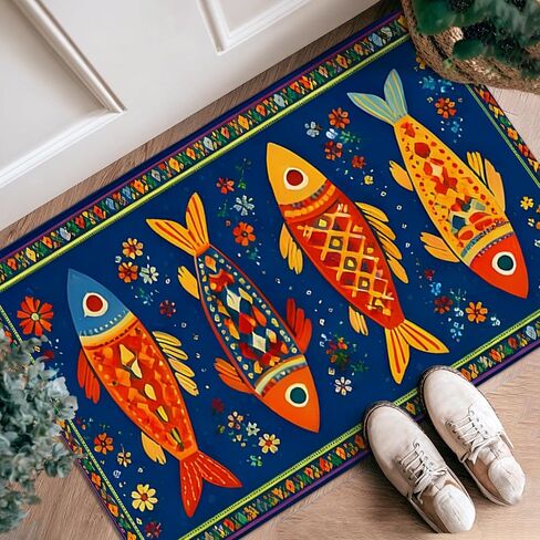 Fish Runner Rug, Colorful Artistic Flowers Patterns Summer Blue Low Pile Sponge Edge Binding Home Rectangle Carpet for Kitchen Laundry Room Doorway Entryway Decor 2x8 Ft in Kuwait