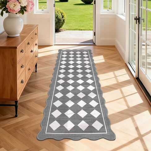 Pauwer Checkered Easy Jute Runner Rug 2x6 Hallway Kitchen Mat Non Slip Washable Scalloped Runner Rug for Entryway Indoor Oudoor Floor Carpet for Laundry Patio Foyer Front Door, Black in Saudi Arabia