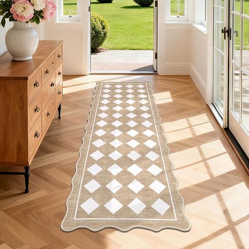 Pauwer Checkered Easy Jute Runner Rug 2x6 Hallway Kitchen Mat Non Slip Washable Scalloped Runner Rug for Entryway Indoor Oudoor Floor Carpet for Laundry Patio Foyer Front Door, Black in Saudi Arabia