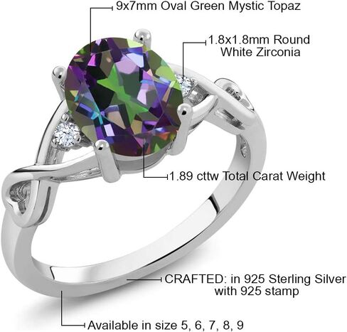 Gem Stone King 1.89 Cttw Green Mystic Topaz 3-Stone Engagement Ring for Women | 925 Sterling Silver | Oval 9X7MM and Round 1.8MM | 3 Stone Wedding Engagement Anniversary Ring For Women in Saudi Arabia
