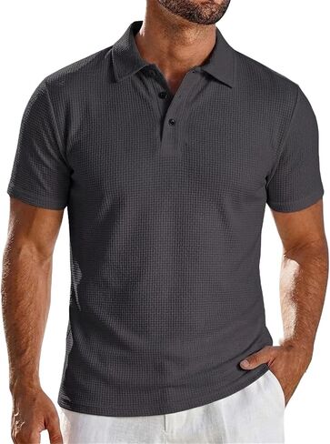 Mens Polo Shirt Textured Knit Slim Fit Lightweight Breathable Quick Dry Social Gathering Weekend Travel Top in Kuwait