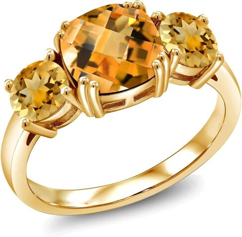 Gem Stone King 3-Stone Gemstone Birthstone Engagement Ring for Women | 18K Yellow Gold Plated Silver | Cushion 8MM & Round 5MM | Wedding Anniversary Promise Ring in Kuwait