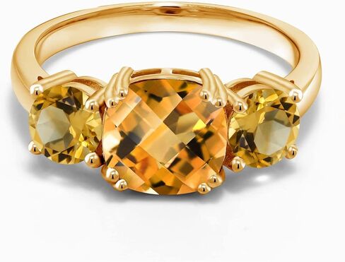 Gem Stone King 3-Stone Gemstone Birthstone Engagement Ring for Women | 18K Yellow Gold Plated Silver | Cushion 8MM & Round 5MM | Wedding Anniversary Promise Ring in Kuwait