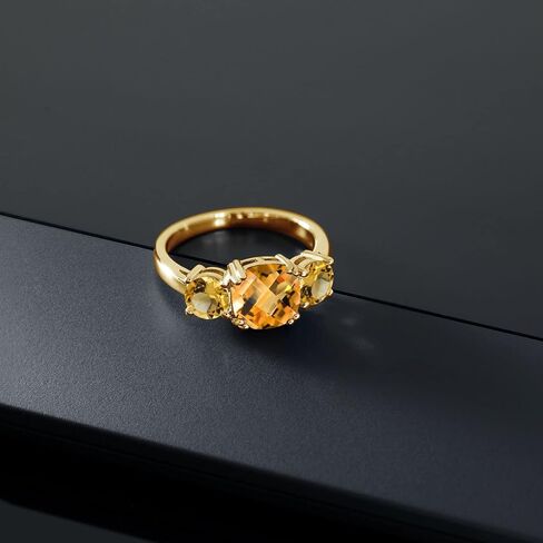 Gem Stone King 3-Stone Gemstone Birthstone Engagement Ring for Women | 18K Yellow Gold Plated Silver | Cushion 8MM & Round 5MM | Wedding Anniversary Promise Ring in Kuwait
