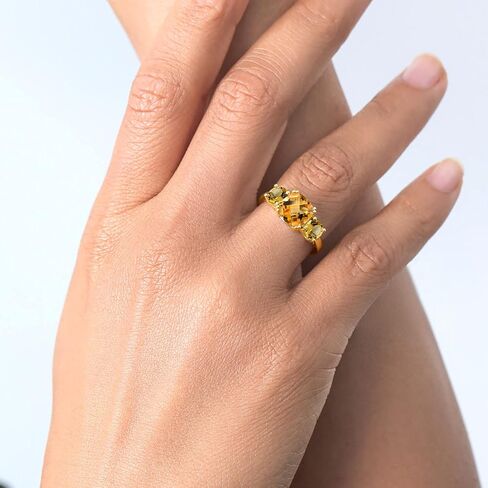 Gem Stone King 3-Stone Gemstone Birthstone Engagement Ring for Women | 18K Yellow Gold Plated Silver | Cushion 8MM & Round 5MM | Wedding Anniversary Promise Ring in Kuwait