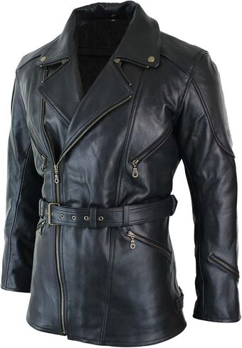 Mens 3/4 Quarter Length Motorcycle Black Biker Long Jacket - Genuine Leather Coat Winter Outerwear in Saudi Arabia
