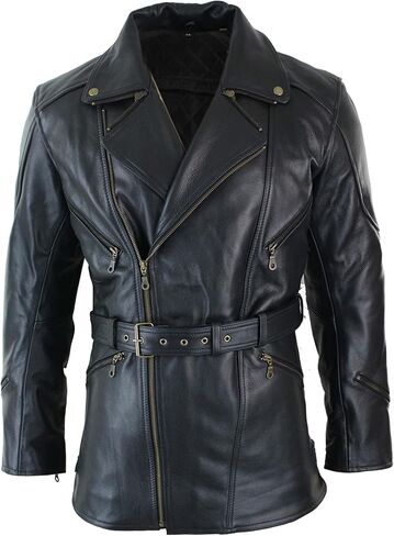 Mens 3/4 Quarter Length Motorcycle Black Biker Long Jacket - Genuine Leather Coat Winter Outerwear in Saudi Arabia