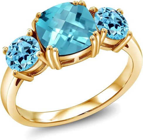 Gem Stone King 3-Stone Gemstone Birthstone Engagement Ring for Women | 18K Yellow Gold Plated Silver | Cushion 8MM & Round 5MM | Wedding Anniversary Promise Ring in Kuwait