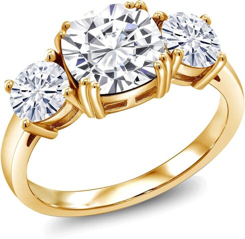 Gem Stone King 3-Stone Gemstone Birthstone Engagement Ring for Women | 18K Yellow Gold Plated Silver | Cushion 8MM & Round 5MM | Wedding Anniversary Promise Ring in Kuwait