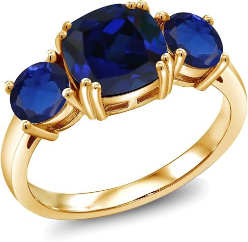 Gem Stone King 3-Stone Gemstone Birthstone Engagement Ring for Women | 18K Yellow Gold Plated Silver | Cushion 8MM & Round 5MM | Wedding Anniversary Promise Ring in Kuwait