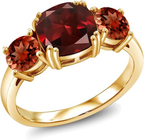 Gem Stone King 3-Stone Gemstone Birthstone Engagement Ring for Women | 18K Yellow Gold Plated Silver | Cushion 8MM & Round 5MM | Wedding Anniversary Promise Ring in Kuwait