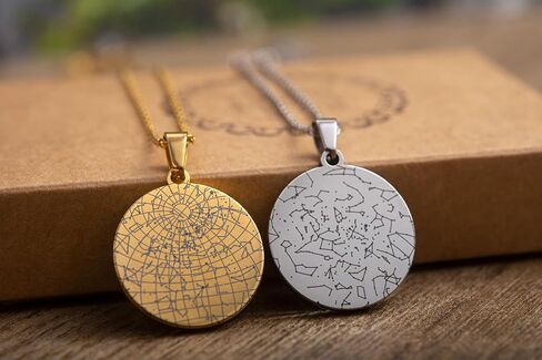 Personalized Moon Phase and Star Map Necklace - Custom Pendant Showing Moon and Star Alignment and Displays the Night Sky from a Specific Date and Location (KP.7) in Kuwait