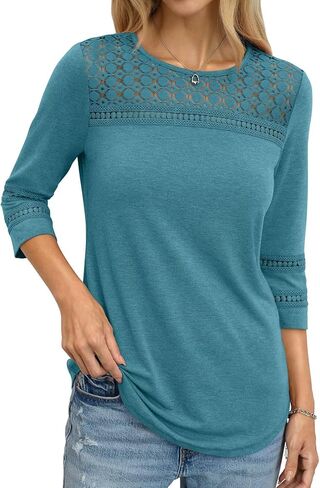 TICTICMIMI Womens Hollow Out Lace Tunic Tops Crewneck 3/4 Sleeve Blouses Dressy Casual Fashion Trendy Curved Hem Shirts 2026 in Kuwait