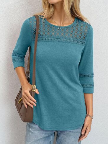 TICTICMIMI Womens Hollow Out Lace Tunic Tops Crewneck 3/4 Sleeve Blouses Dressy Casual Fashion Trendy Curved Hem Shirts 2026 in Kuwait
