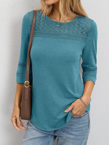 TICTICMIMI Womens Hollow Out Lace Tunic Tops Crewneck 3/4 Sleeve Blouses Dressy Casual Fashion Trendy Curved Hem Shirts 2026 in Kuwait