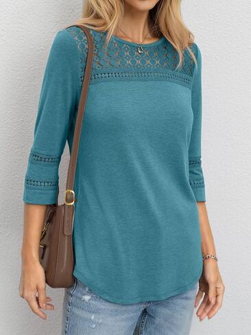 TICTICMIMI Womens Hollow Out Lace Tunic Tops Crewneck 3/4 Sleeve Blouses Dressy Casual Fashion Trendy Curved Hem Shirts 2026 in Kuwait