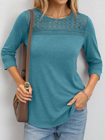 TICTICMIMI Womens Hollow Out Lace Tunic Tops Crewneck 3/4 Sleeve Blouses Dressy Casual Fashion Trendy Curved Hem Shirts 2026 in Kuwait