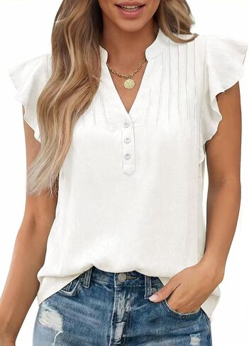 Falechay Womens Summer Tops Ruffle Cap Sleeve Henley Blouses Button Front Pintuck Pleated Tunic Boho Casual Trendy Shirts in Saudi Arabia