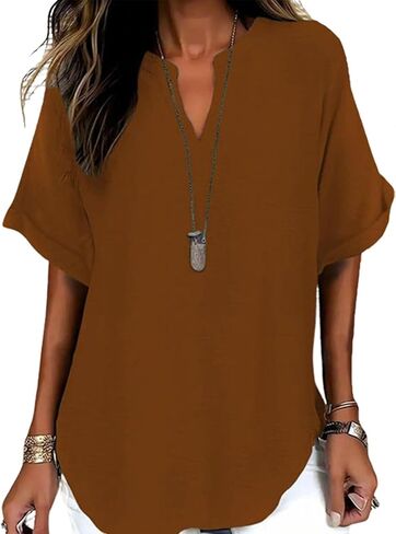 Womens Plain Short Sleeve Tunic Tops Trendy Cut V Neck Textured Shirts Casual Loose Summer Tshirts Flowy Dressy Blouse in Kuwait