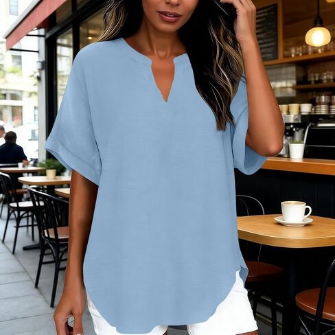 Womens Plain Short Sleeve Tunic Tops Trendy Cut V Neck Textured Shirts Casual Loose Summer Tshirts Flowy Dressy Blouse in Kuwait