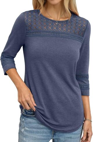 TICTICMIMI Womens Hollow Out Lace Tunic Tops Crewneck 3/4 Sleeve Blouses Dressy Casual Fashion Trendy Curved Hem Shirts 2026 in Kuwait