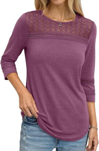 TICTICMIMI Womens Hollow Out Lace Tunic Tops Crewneck 3/4 Sleeve Blouses Dressy Casual Fashion Trendy Curved Hem Shirts 2026 in Kuwait