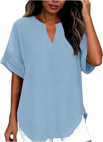Womens Plain Short Sleeve Tunic Tops Trendy Cut V Neck Textured Shirts Casual Loose Summer Tshirts Flowy Dressy Blouse in Kuwait