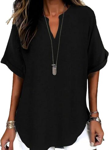 Womens Plain Short Sleeve Tunic Tops Trendy Cut V Neck Textured Shirts Casual Loose Summer Tshirts Flowy Dressy Blouse in Kuwait