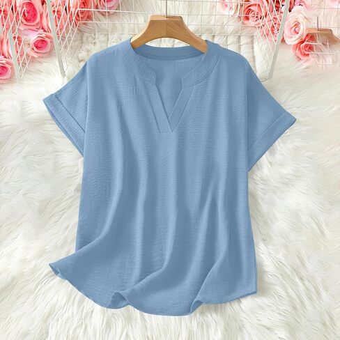 Womens Plain Short Sleeve Tunic Tops Trendy Cut V Neck Textured Shirts Casual Loose Summer Tshirts Flowy Dressy Blouse in Kuwait