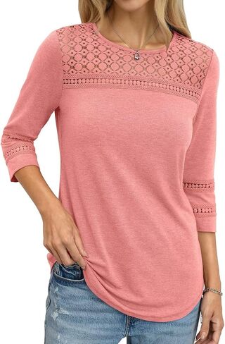 TICTICMIMI Womens Hollow Out Lace Tunic Tops Crewneck 3/4 Sleeve Blouses Dressy Casual Fashion Trendy Curved Hem Shirts 2026 in Kuwait