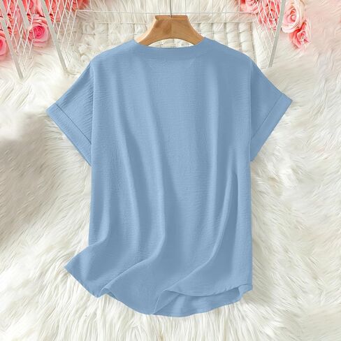 Womens Plain Short Sleeve Tunic Tops Trendy Cut V Neck Textured Shirts Casual Loose Summer Tshirts Flowy Dressy Blouse in Kuwait