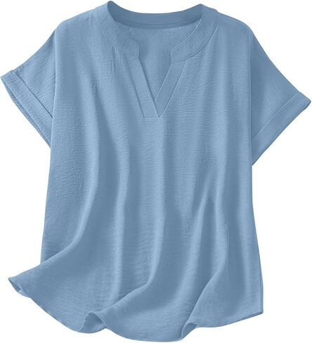 Womens Plain Short Sleeve Tunic Tops Trendy Cut V Neck Textured Shirts Casual Loose Summer Tshirts Flowy Dressy Blouse in Kuwait