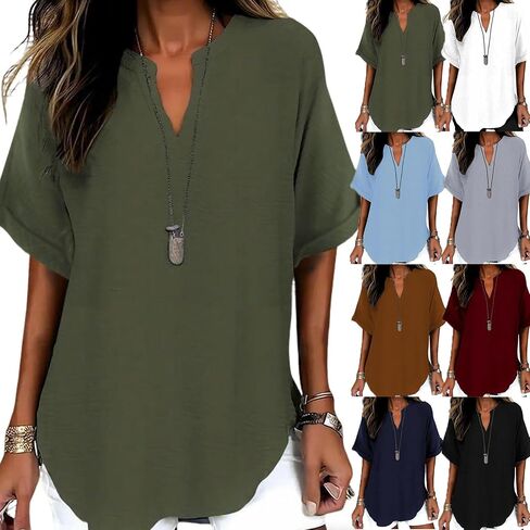 Womens Plain Short Sleeve Tunic Tops Trendy Cut V Neck Textured Shirts Casual Loose Summer Tshirts Flowy Dressy Blouse in Kuwait